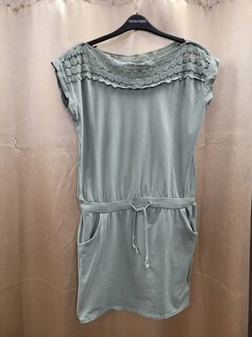 Light Sage Crochet Yoke Drawstring Pocket Dress made Italy